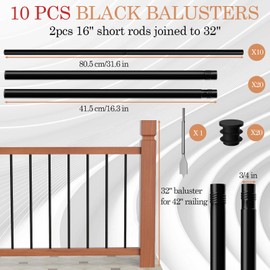 Vrisa 10 Pack Deck Balusters 32 Inches Metal Deck Railing Diameter 3/4" Round Spindles for Staircase Interior Black Hollow Straight Deck Rails for Outdoor Porch Patio Balusters