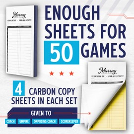 Murray Sporting Goods Baseball/Softball Lineup Cards - 50 Games with 16 Player Roster Lineup Sheet with No Cover (4-Part Carbon Copies)