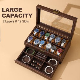Favritt Watch Box - 12-Slot Watch Cases for Men, 2-Layer Watch Holder Organizer for Men, Watch Display Case with Large Acrylic Lid, Mens Jewelry Box with Drawer