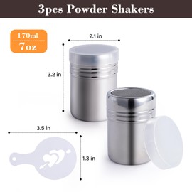 3pcs Powdered Sugar Shaker Duster with Plastic Lid, 6oz Stainless Steel Cinnamon Flour Sifter Fine Mesh Dredges Shakers Container Cans for Baking Coffee Kitchen Salt Pepper, 16 Printing Molds Included