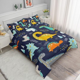 Smell Sunshine Cartoon Dinosaur Comforter Set Dark Blue Dinosaur Printed Bedding Set with 1 Comforter and 2 Pillowcases for Boys and Girls Bedroom All Season(Dinosaur Twin)