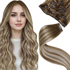 LaaVoo Clip in Hair Extensions Real Human Hair Balayage Light Brown With White Blonde to Light Brown Hair Extensions Clip in Seamless Remy Real Hair Extensions Clip in 18 Inch 5pcs 80g #8/60/8
