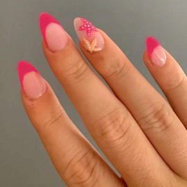 ONPRESS 24Pcs Summer Press on Nails Medium Almond Fake Nails with Starfish Design Pink French Tip Glue on Nail Cute Nude False Nail Glossy Full Cover Stick on Nails Acrylic Nail for Women Decor
