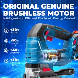 Dong Cheng 20V Brushless Jigsaw, 26mm Stroke, 800-3500 SPM, 0-45° Bevel, 6-Speed, Orbital Action, Dual LED, Dust Blower, with 4Ah Battery, Charger, 6 Blades, Guide Rail & Tool Bag
