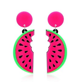 Statement Watermelon Drop Earrings, Neon Pink and Green, Large Acrylic Fruit Design
