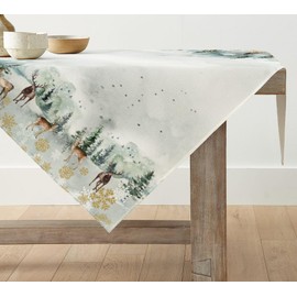 Artoid Mode Watercolor Deer Trees Snowflakes Christmas Table Cloth, 100x100 cm Seasonal Xmas Decorative Table Cover For Party Home Table Decorations