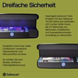Safescan 75 LED Money Detector with Ultra Strong UV & White Light - Counterfeit Money Checker for Banknotes, Credit Cards & ID Cards - Money Checker with Triple Detection - Money Checker