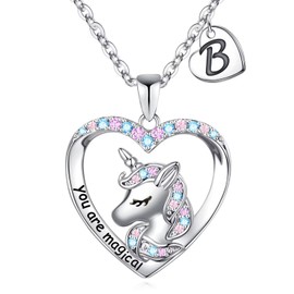 Hidepoo Unicorn Necklace Gifts - 14K White Gold Plated Cubic Zirconia Heart Pendant Unicorn Necklace Jewelry B Initial Heart Unicorn Jewelry Necklace Birthday Gifts Unicorn Gifts