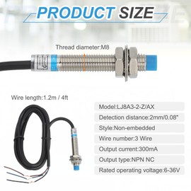 sourcing map Inductive Proximity Sensor,NPN NC M8 DC 6-36V 300mA Proximity Switch Detector Approach Sensor 2mm 3 Wire for Industrial Automation LJ8A3-2-Z/AX