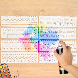 8PCS Reusable Long Plastic Painting Stencils for DIY Drawing and Crafts, Alphabet and Patterned Hollow Out Design Templates with Border Ruler Style, for Scrapbooking Cards and Art Journals