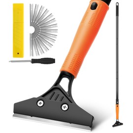 Razor Blade Floor Scraper with Long Handle, 4 Inch Floor Scraper Tools Heavy Duty with 10PCS Extra Metal Blades,Paint Scrapers for Cleaning Wall Glass Floor Paint Gum Stains Stickers Linoleum