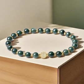 SaDiao Stretch Bracelets 6MM natural Gemstone with 18K White Gold ball Bracelet (Crocodile Jasper)