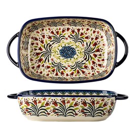 Bicuzat Vintage Style Tulip Flower Pattern Ceramic Bakeware Casserole Dish Baking Pan Lasagna Pans Baking Dish with Handles for Oven/Cooking/Kitchen-1 PCS-60 OZ