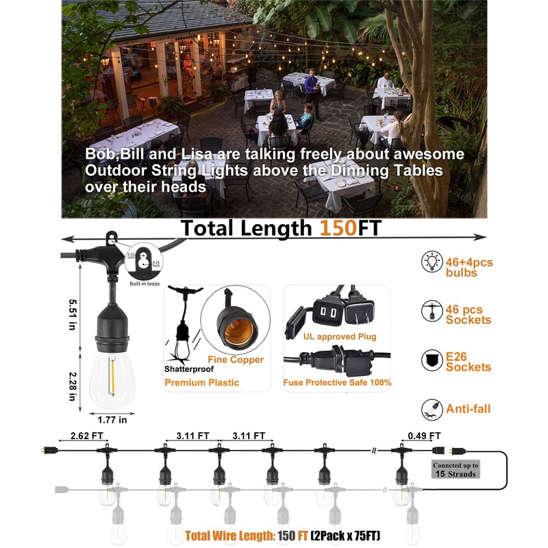 Achin Outdoor String Lights 150 Feet LED Waterproof Patio Lights