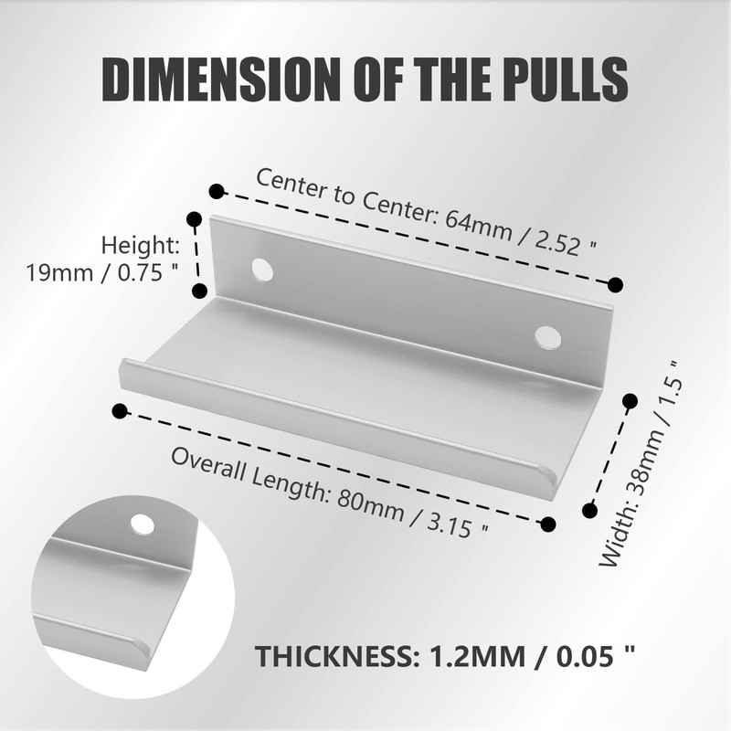 Qjaiune 2PCS Back Mount Finger Edge Pull 80mm/3.15", Aluminum Hidden