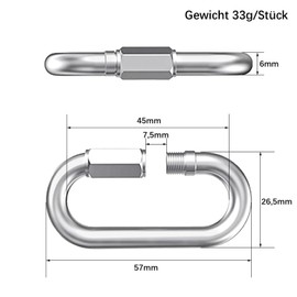 ORTAVA Pack of 4 M6 Screw Carabiners, Stainless Steel Carabiners, 397 kg Bearing, Stainless Steel Carabiner for Outdoor, Swing, Camping and Hiking, Chain Link Made of Stainless Steel A2 V2