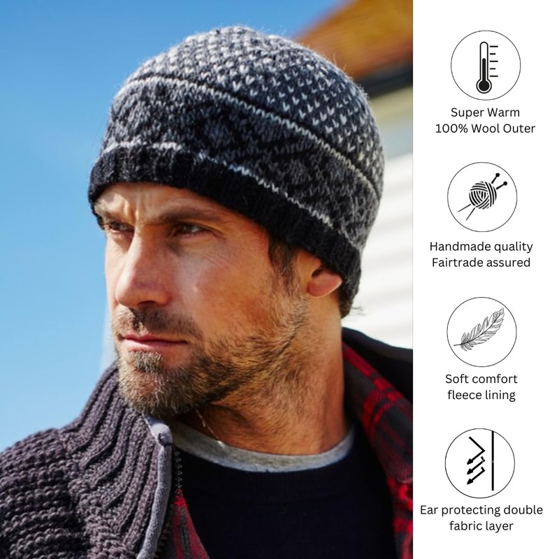Pachamama Men Wool Beanie Skull Hat Fleece Lined Handknitted Charcoal