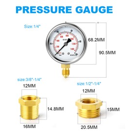 ERGAOBOY 0-100 Bar (0-1400 PSI) Stainless Steel 1/4 Inch BSP 2.5 Inch Dial Liquid Pressure Gauge, with Brass Adapter, Lower Mounting