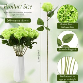 Hotop 20 Pcs Rose Artificial Flowers with Long Stem Realistic Silk Roses Bulk Real Touch Plastic Bouquet of Roses for Home Bridal Wedding Party Table Centerpieces Decorations(Green)