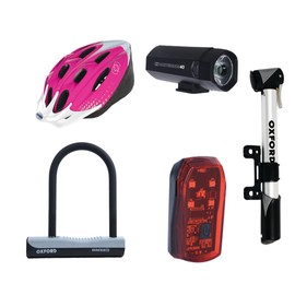 Oxford Rider Starter Bundle – Mini Pump, Lock, Lights, F15 Helmet – Pink/White S/M – 5-Piece Bike Kit for Commuters & Beginners
