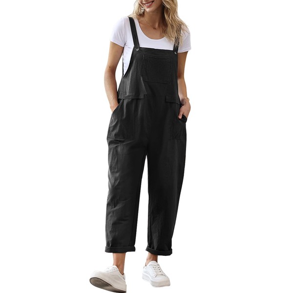 YESNO Women Long Casual Loose Bib Pants Overalls Baggy Rompers Jumpsuits with Pockets (XL PV9 Black)