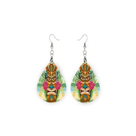 Teardrop Wood Earrings Light Weight Printed Image Dangle Coastal Beach (Tiki Man)