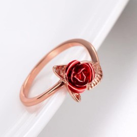 Yienate Dainty Rose Ring Red Flower Rose Finger Band Rose Gold Open Rings for Women Girls