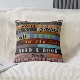 Camping Pillow Covers Home Decor Kids,Hunting Fishing Camper Reversible Throw Pillow Covers Farmhouse Decor Square Cushion Covers Set of 2,Rustic Wooden 18 x 18-Inch