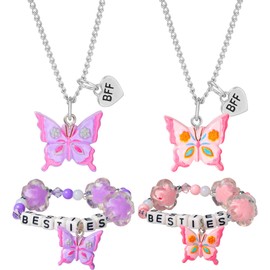 PinkSheep BFF Necklaces and Bracelet for 2, Butterfly Unicorn Princess Friendship Necklace for Teen Girls Best Friend Birthday Gift (butterfly)