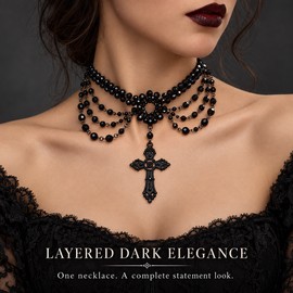 Layered Black Beaded Cross Necklace, Draped Multi-Strand Gothic Choker for Women, Victorian-Inspired Statement Jewelry