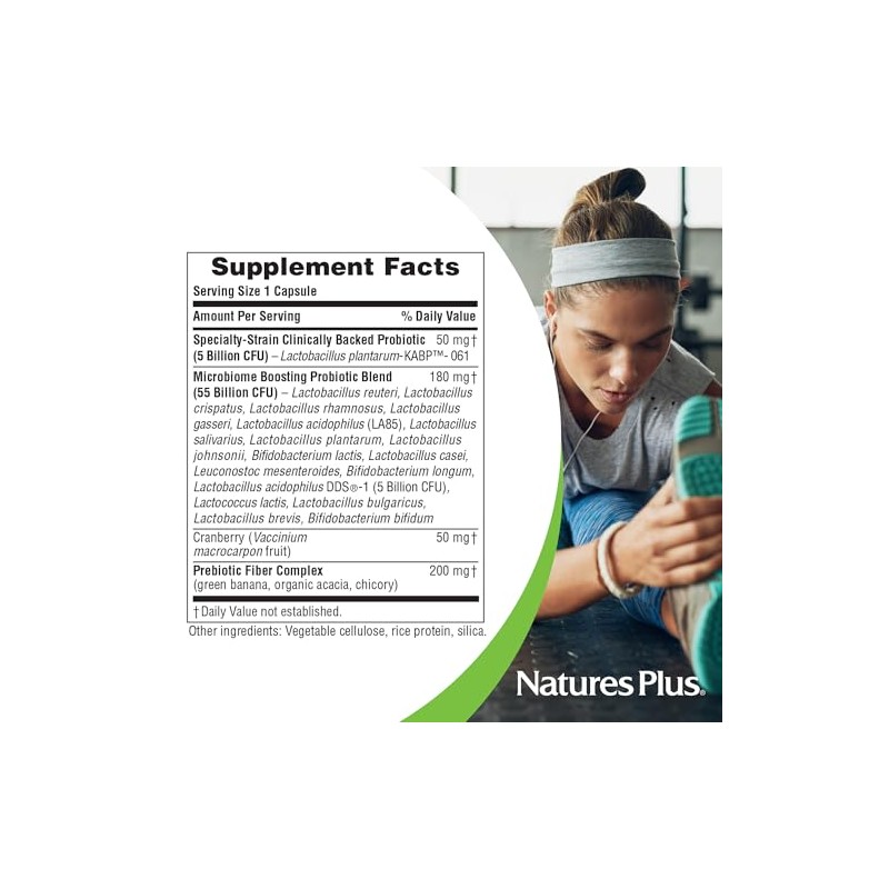 NaturesPlus GI Cápsulas probióticas naturales, para mujer, 30 cápsulas, 18