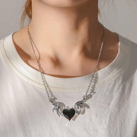 Cimenexe Punk Enamel Wing Heart Choker Necklace Silver Dragon Wing Pendant Necklace Black Metal Devil Heart Necklace Gothic Bat Wing Chain Necklace Jewelry for Women and Girls Gifts