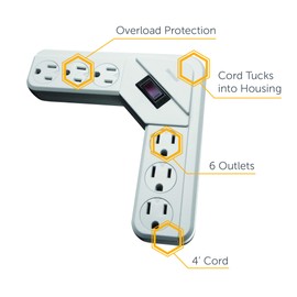 Woods 41378 L-Shaped Power Strip with 6 Outlets, Overload Safety Feature, 4 Foot Cord, White