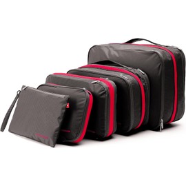 Bee Nesting BeeNesting Waterproof Compression Packing Cubes 5/6/8 sets, Large Travel Packing organizers for Carry on Luggage, 2 Sides Expandable Storage Bags (Grey Red, G5set)