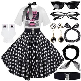 VillbeCoser 10 Pcs Sock Hop Outfits Women, 1950s Poodle Skirts, T-Shirt with 50s Accessories Socks Scarf Headband Belt Earring (BlackDots-L)