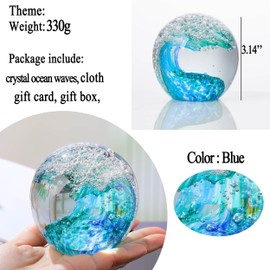 Enjinkail Hand Blown Ocean Waves Crystal Ball - Glass Collectible Figurines Spere - Paperweight Glass Ball Aquarium DecorOffice Decor Ocean Lovers