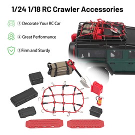 daitoku 1/24 & 1/18 Car Roof Decoration RC Crawler Accessories Luggage Net ARB Bags Recovery Boards Luggage Box Fire Fuel Tanks Extinguisher Shovel Wood Box for 1/18 TRX4M 1/24 Axial SCX24 (Red)
