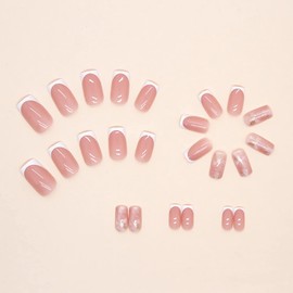 BABALAL Square Press on Nails Medium Fake Nails Pink White French Tip Glue on Nails 24Pcs Squoval Marble Acrylic Nails for Women and Girls