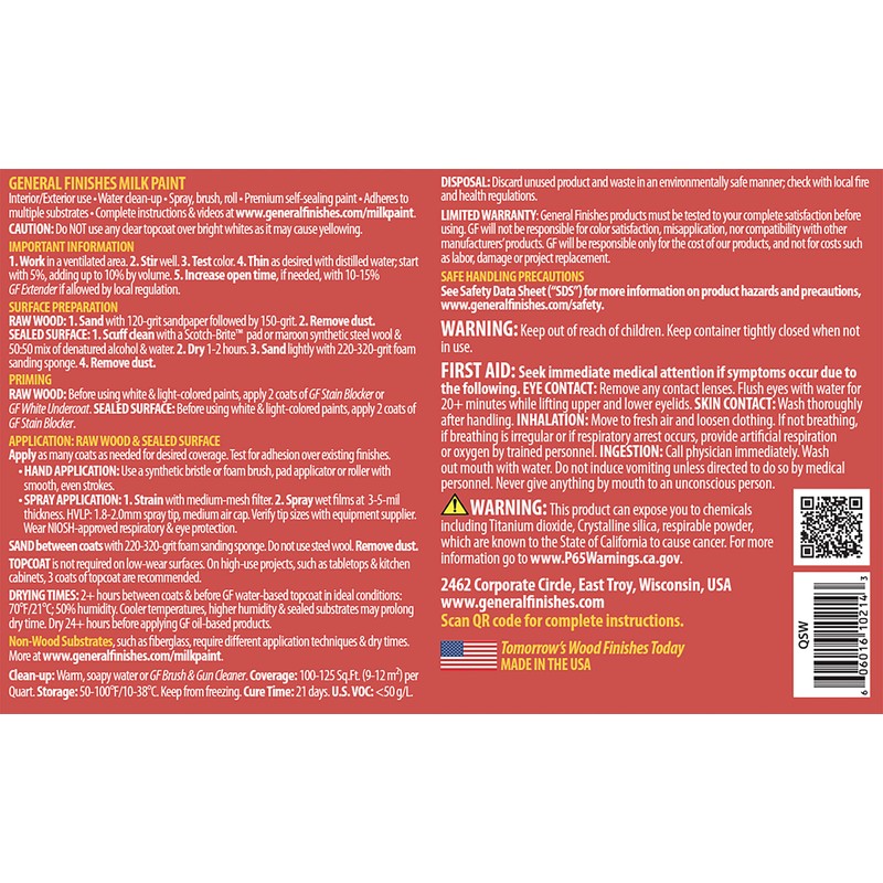 General Finishes Water Based Milk Paint, 1 Pint, Snow White