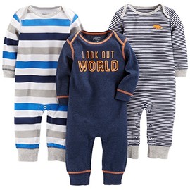 Simple Joys by Carter's Baby Boys' 3-Pack Jumpsuits, Grey Heather Rugby Stripe/Navy Text Print/White Stripe, Newborn