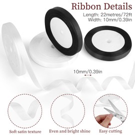 Haocjanc 2 Colours Satin Ribbon, 4 Rolls 10 mm x 22 m Black and White Satin Ribbon, Decoration Gift Ribbon, Polyester Fibre Ribbon for Wedding, Birthdays and Funerals