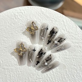 Handmade Press On Nails Long MouyouGlow, Ballerina Black Airbrushing 3D Butterfly Cross Bow Pearl Y2K Coquette Resuable Fake Nails, Handmade Artificial Fingernails, Pack of 10, M