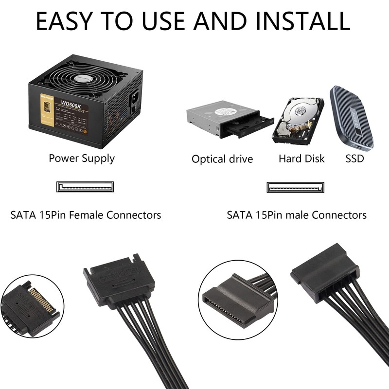 Sinloon 15 Pin SATA Splitter Adapter Cable 15 Pin SATA