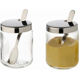 APS Senftöpfchen, 2er Set, Senfgläser, Transparentes Senfglas inkl. Löffel und Edelstahl-Deckel, 4,8 x 4,8 cm, 6,3 cm Höhe