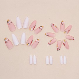 Almond Press on Nails - Pink Nude False Nails with French Flower Designs, Glossy Full Cover Stick on Nails for Women & Girls - 24pcs