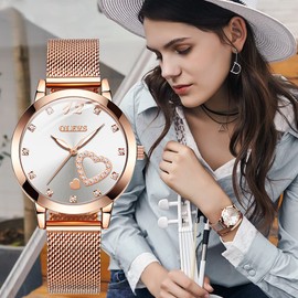 OLEVS Women's Rose Gold Watches Heart Diamond Japanese Quartz Movement Ladies Wristwatch Big Face Waterproof Mesh Belt Watch and Bracelet Set