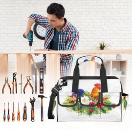 Rooster Flower Retro Wide Mouth Tool Bags for Men and Women 14 Pockets Tool Tote Bag Pouch Heavy Duty Tool Organizer Bag with Adjustable Strape for Plumbers Electricians Handymen