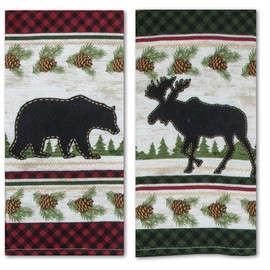 Woodland Moose and Bear Kitchen Terry Towel 2-PC Set Mountain Cabin Woldlife Lodge