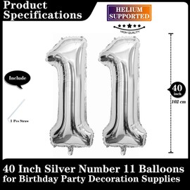 Silver 11 Number Balloons, 40 Inch Giant Number 11 Balloons Foil Mylar Helium Silver Number Balloons for 11th Birthday Party Supplies Anniversary Event Celebration Decorations