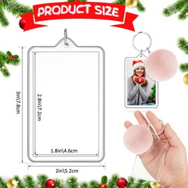Henoyso 12 Pcs Photo Ornaments for Christmas Tree 2 x 3 Inches Picture Frame Keychain Acrylic Christmas Photo Frame Ornament Rectangle Acrylic Keychain Blanks with Colorful Fluffy Poms